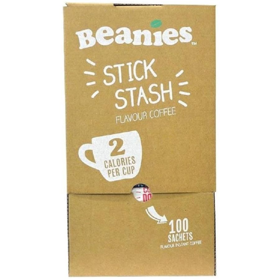 Beanies  Mixed Stash Box -låda med smaksatt snabbkaffe, 100 portionsförpackningar