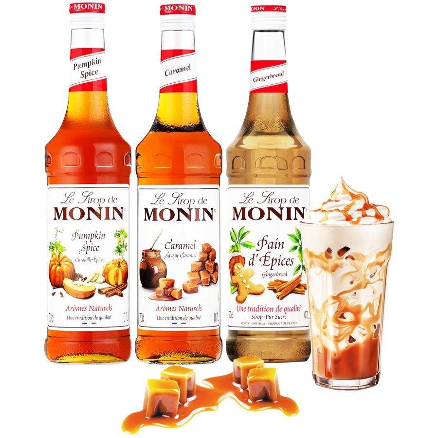 Monin Caramel + Pumpkin Spice + Gingerbread mixpaket 3 x 700 ml